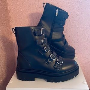 Chunky Buckled Faux Leather Biker Boots Size 7